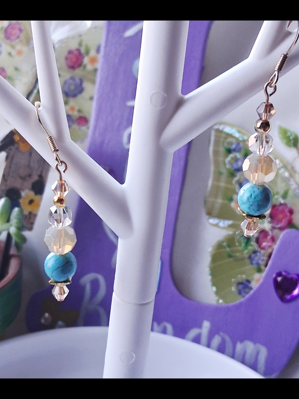 Turquoise Bead & Champagne Crystal Drop Earrings - Handmade